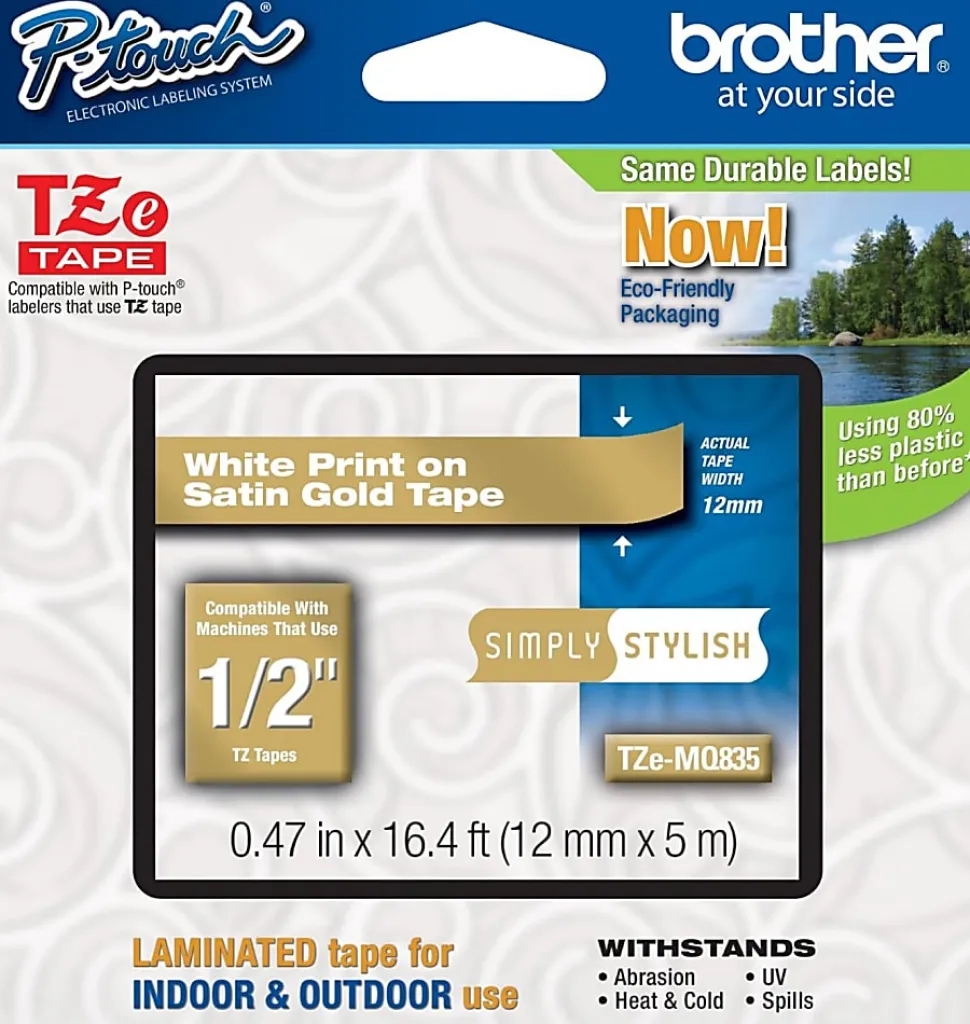 Brother TZe-MQ835 White-On-Satin Gold Tape, 0.5" x 196.8"