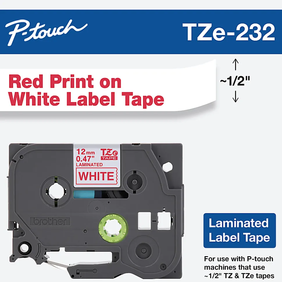 Brother TZe-232 Red-On-White Tape, 0.5" x 26.2'