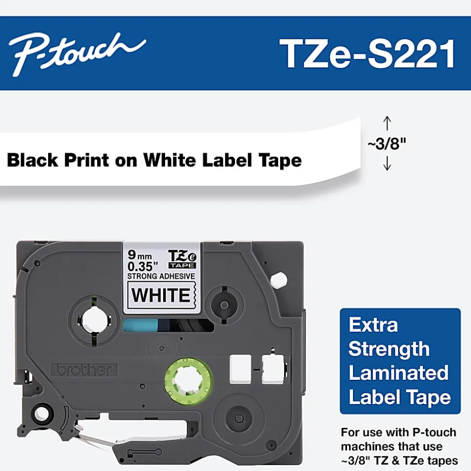 Brother TZe-S221 Black-On-White Industrial-Strength Tape, 0.38" x 26'
