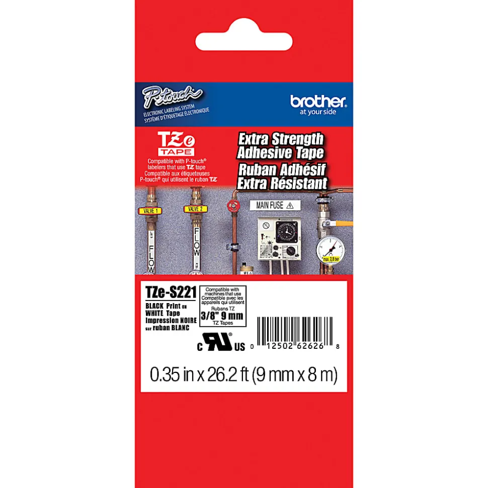 Brother TZe-S221 Black-On-White Industrial-Strength Tape, 0.38" x 26'