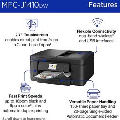 Brother Work Smart MFCJ1410DW Wireless Color Inkjet Printer, All-In-One Print/Scan/Copy, Best for home/small office