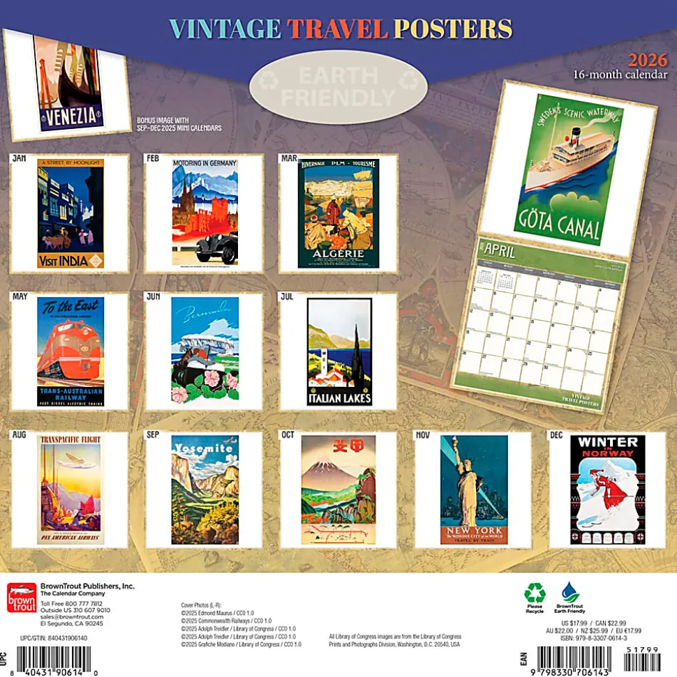 2026 BrownTrout Vintage Travel Posters Monthly Plastic-Free Square Wall Calendar, January to December 2026, 9798330706143 - 9798330706143