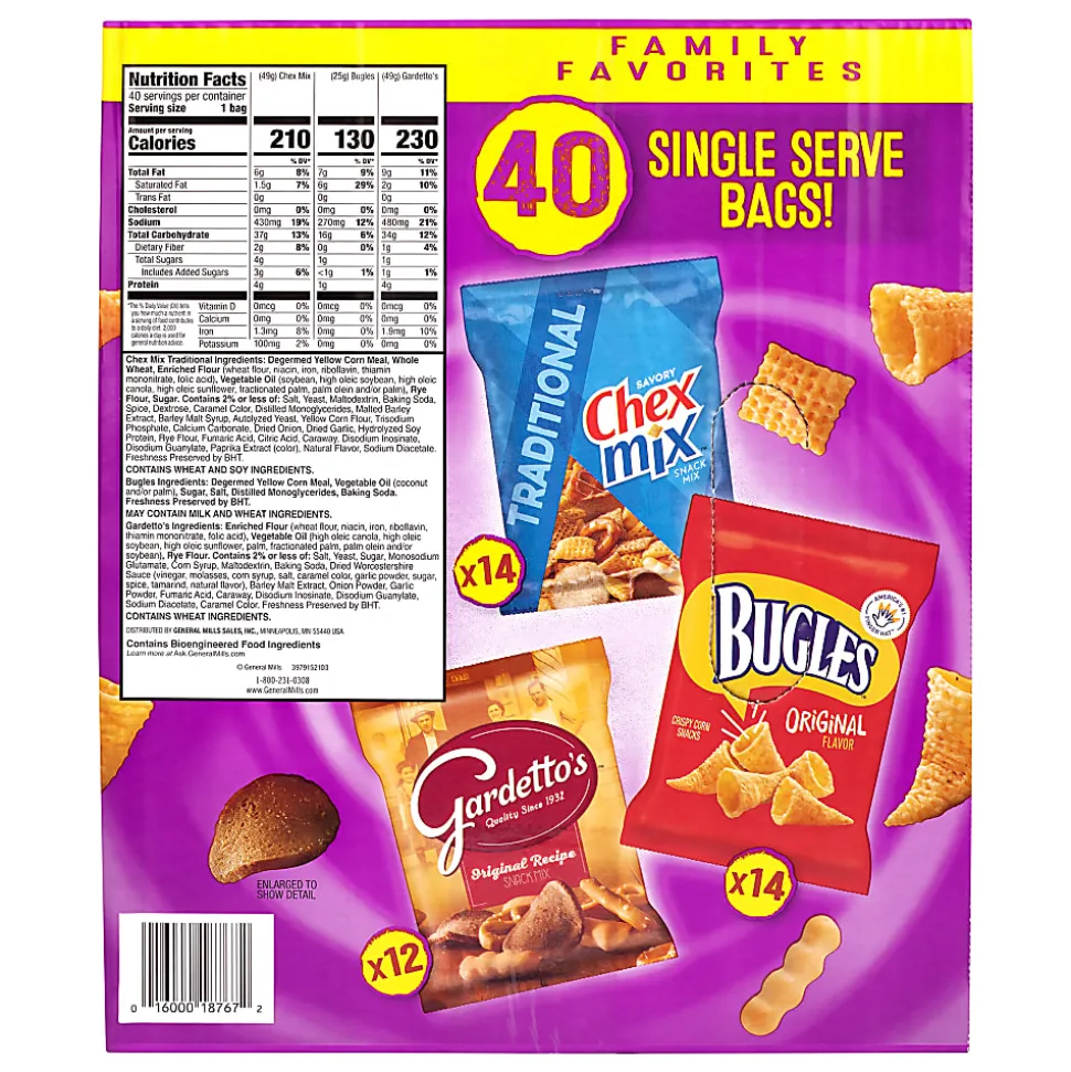 Bugles, Chex Mix and Gardetto Variety Pack Snack Mix, 40 Bags Per Pack