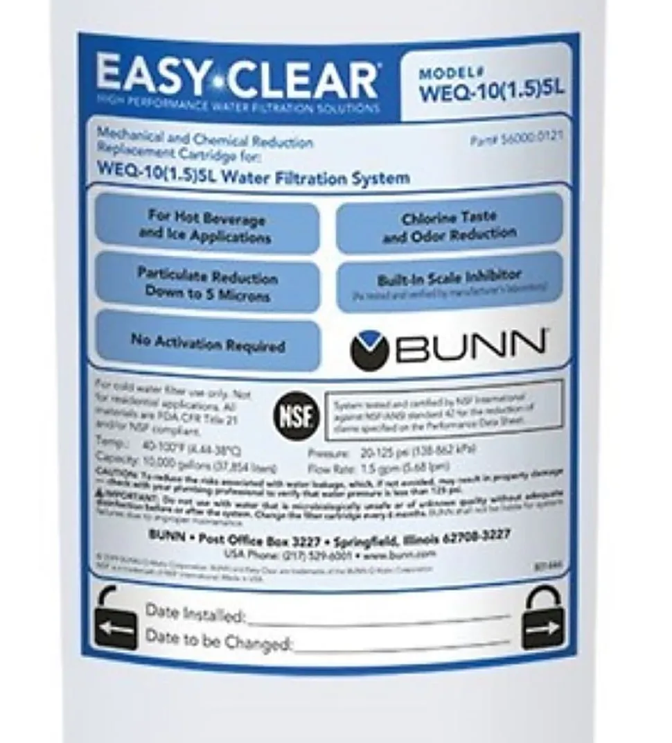 BUNN WEQ-10 5L Water Filter Replacement Cartridge, 13-1/8”H x 3-5/8”H x 3-5/8”D, White