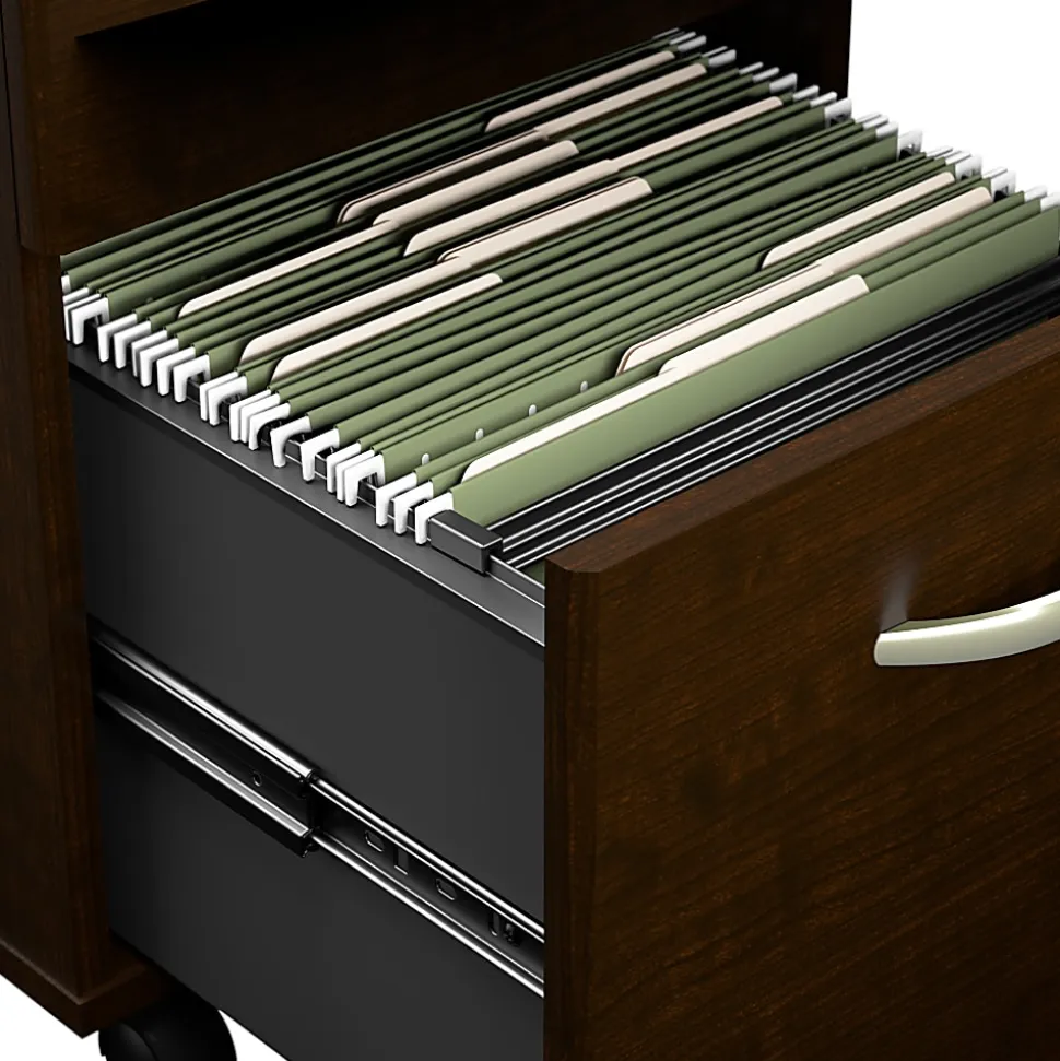 Bush Business Furniture Arrive 72"W L Shaped Reception Desk with Shelf and Mobile File Cabinet, Mocha Cherry, Standard Delivery