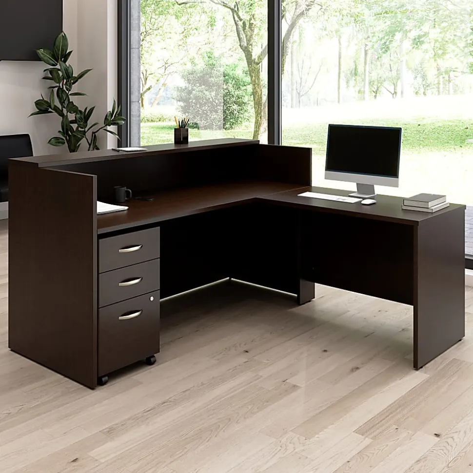 Bush Business Furniture Arrive 72"W L Shaped Reception Desk with Shelf and Mobile File Cabinet, Mocha Cherry, Standard Delivery