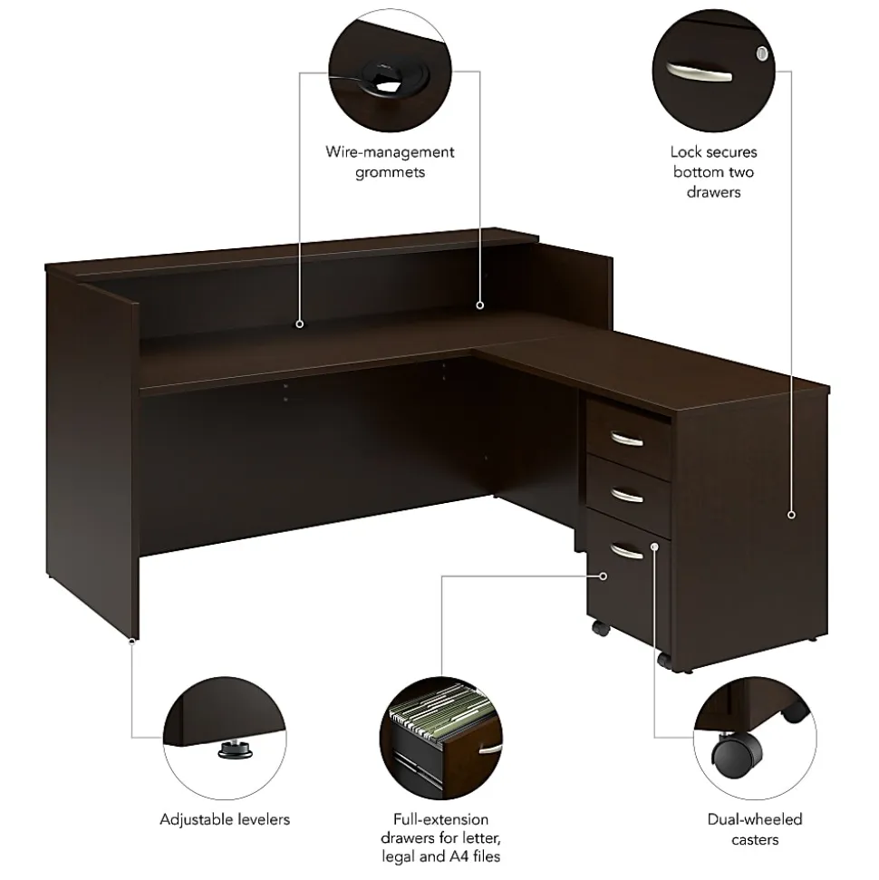 Bush Business Furniture Arrive 72"W L Shaped Reception Desk with Shelf and Mobile File Cabinet, Mocha Cherry, Standard Delivery