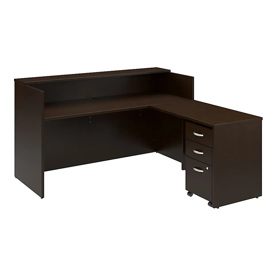 Bush Business Furniture Arrive 72"W L Shaped Reception Desk with Shelf and Mobile File Cabinet, Mocha Cherry, Standard Delivery