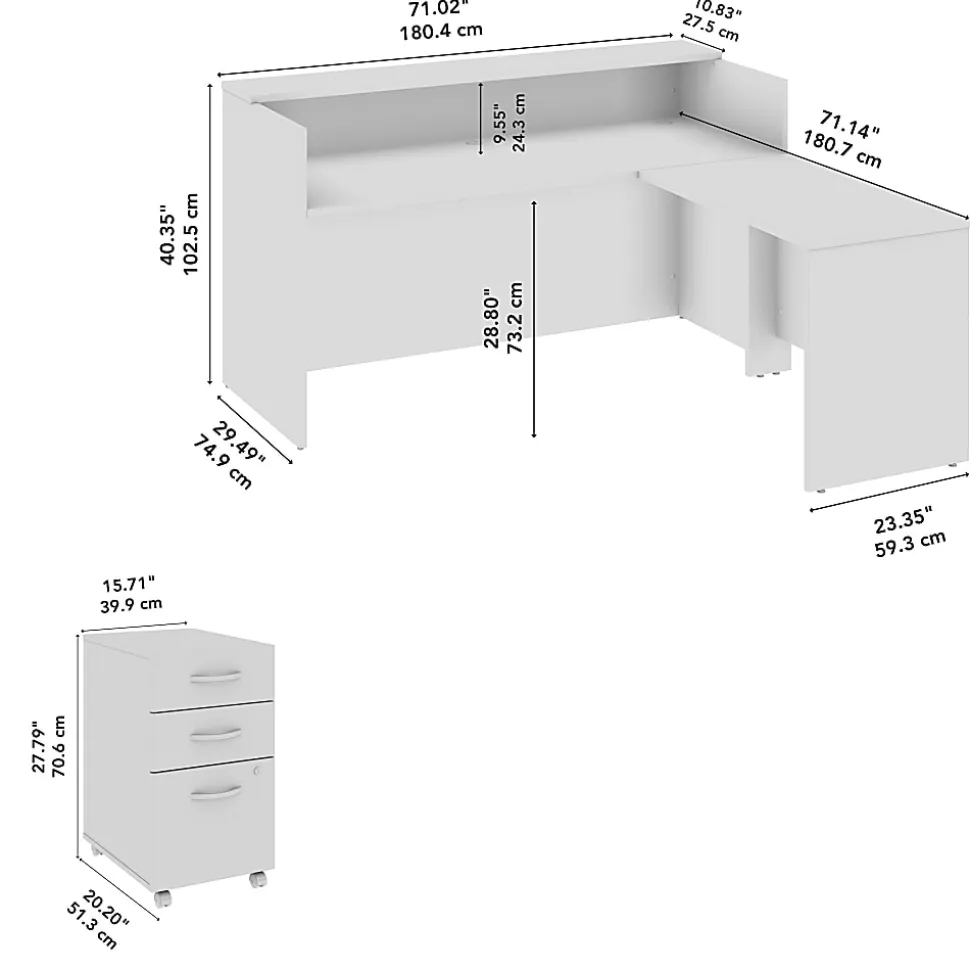 Bush Business Furniture Arrive 72"W L Shaped Reception Desk with Shelf and Mobile File Cabinet, Mocha Cherry, Standard Delivery