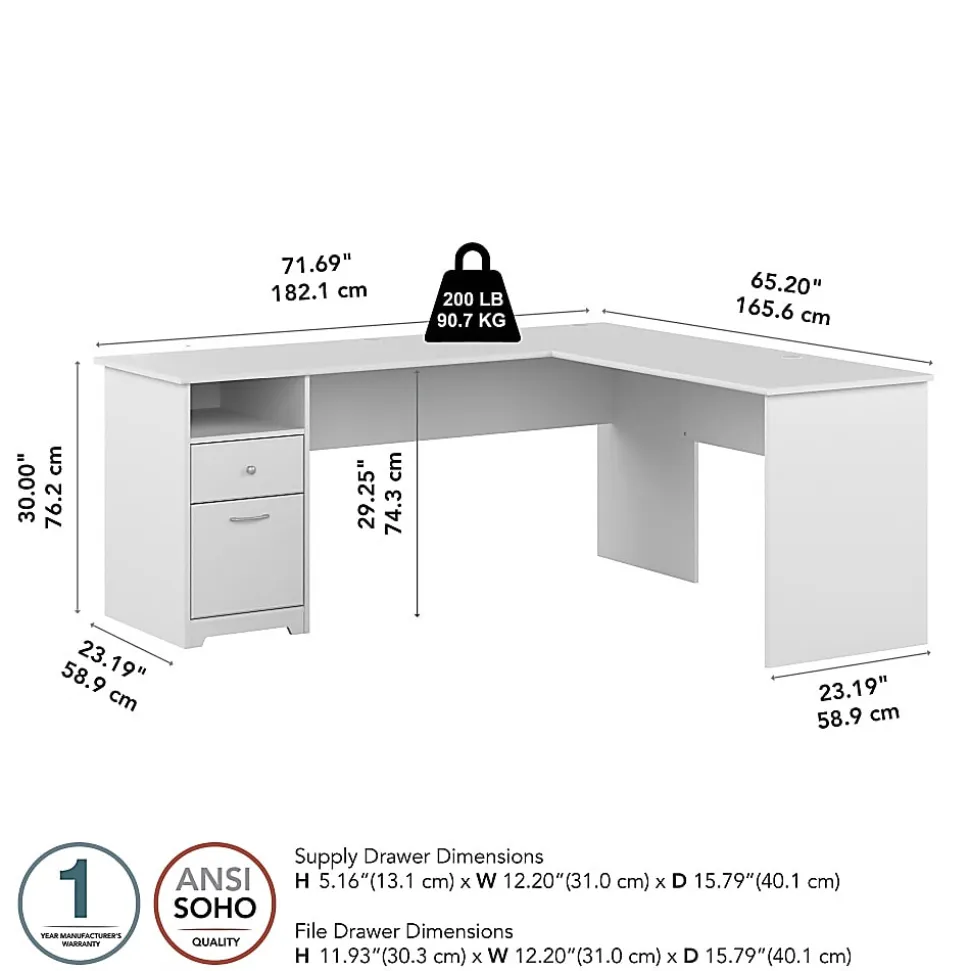 Bush Business Furniture Cabot 72"W L-Shaped Corner Desk With Drawers, White, Standard Delivery