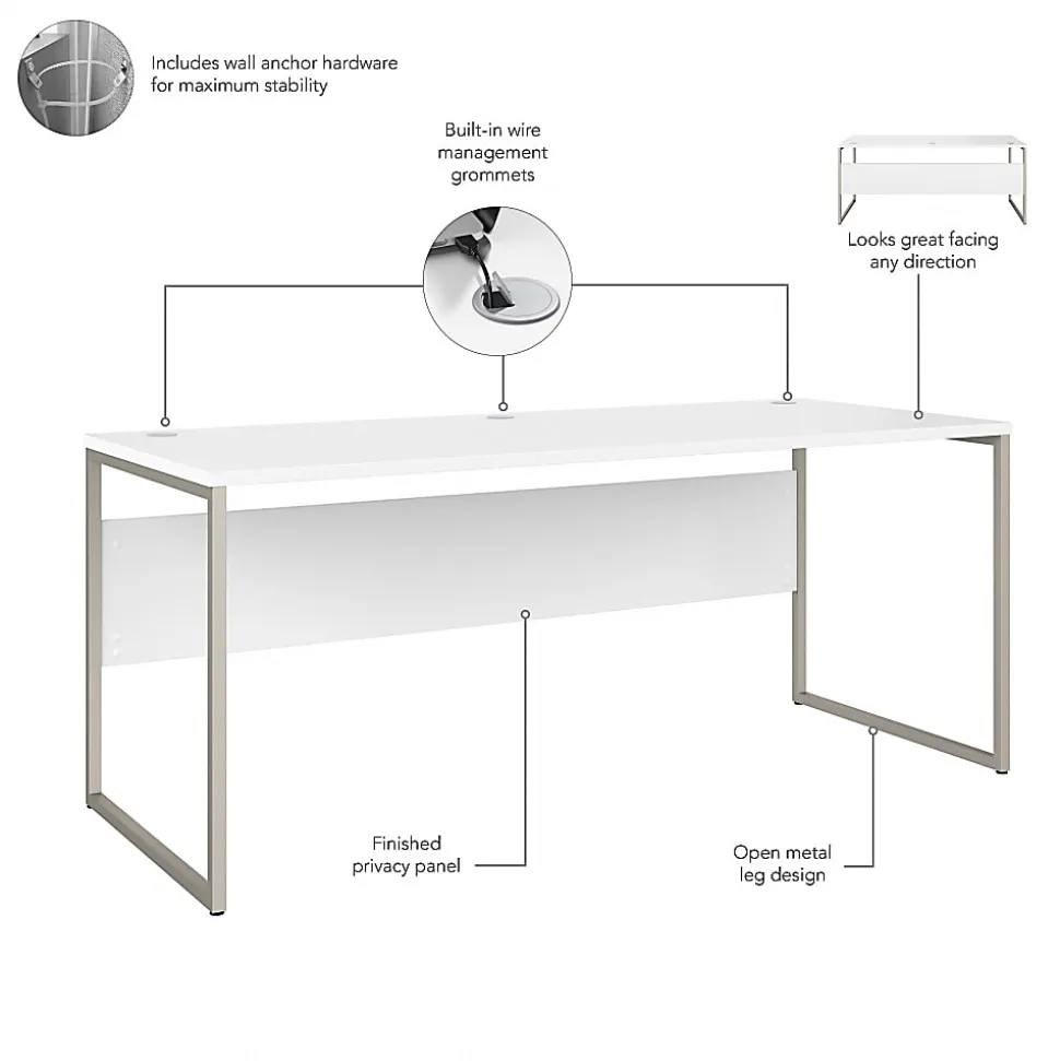 Bush® Business Furniture Hybrid 72"W x 30"D Computer Table Desk With Metal Legs, White, Standard Delivery