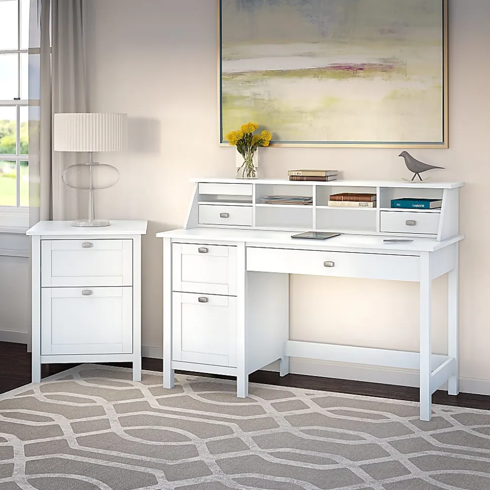 Bush Furniture Broadview 54"W Computer Desk With 2-Drawer Pedestal, Pure White, Standard Delivery