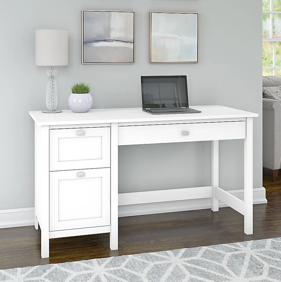 Bush Furniture Broadview 54"W Computer Desk With 2-Drawer Pedestal, Pure White, Standard Delivery