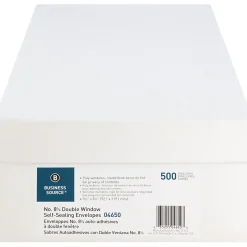 Business Source Double Window No. 8-5/8 Check Envelopes - Double Window - #8 5/8 - 8 5/8"x 3 5/8" - 24 lb - Self-sealing - White - 500 / Box - 04650