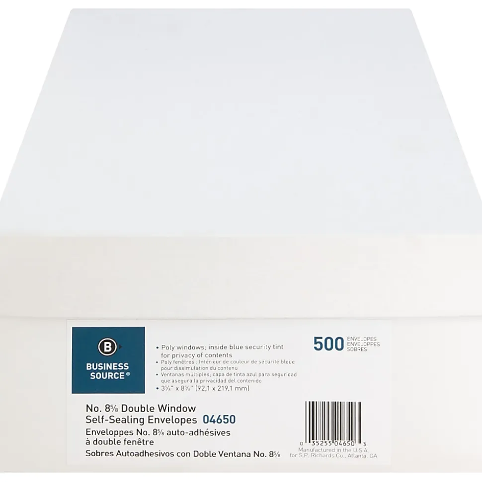 Business Source Double Window No. 8-5/8 Check Envelopes - Double Window - #8 5/8 - 8 5/8"x 3 5/8" - 24 lb - Self-sealing - White - 500 / Box - 04650