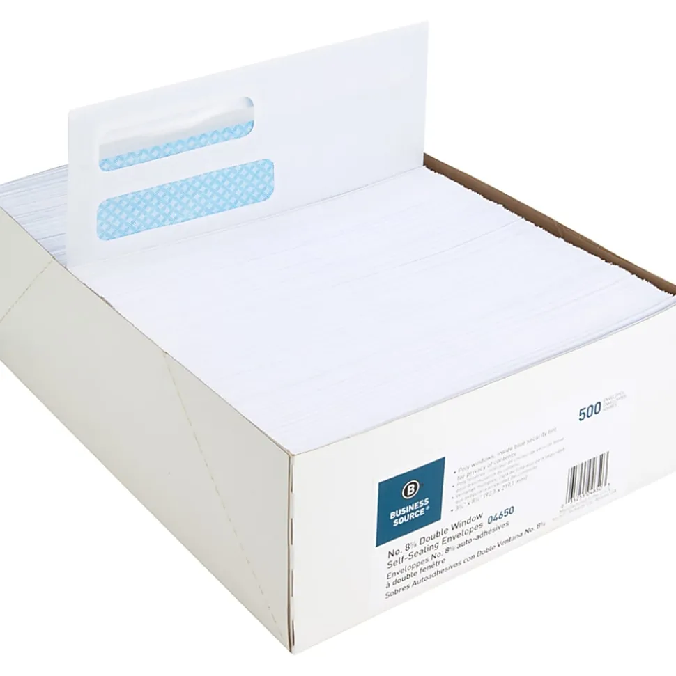 Business Source Double Window No. 8-5/8 Check Envelopes - Double Window - #8 5/8 - 8 5/8"x 3 5/8" - 24 lb - Self-sealing - White - 500 / Box - 04650