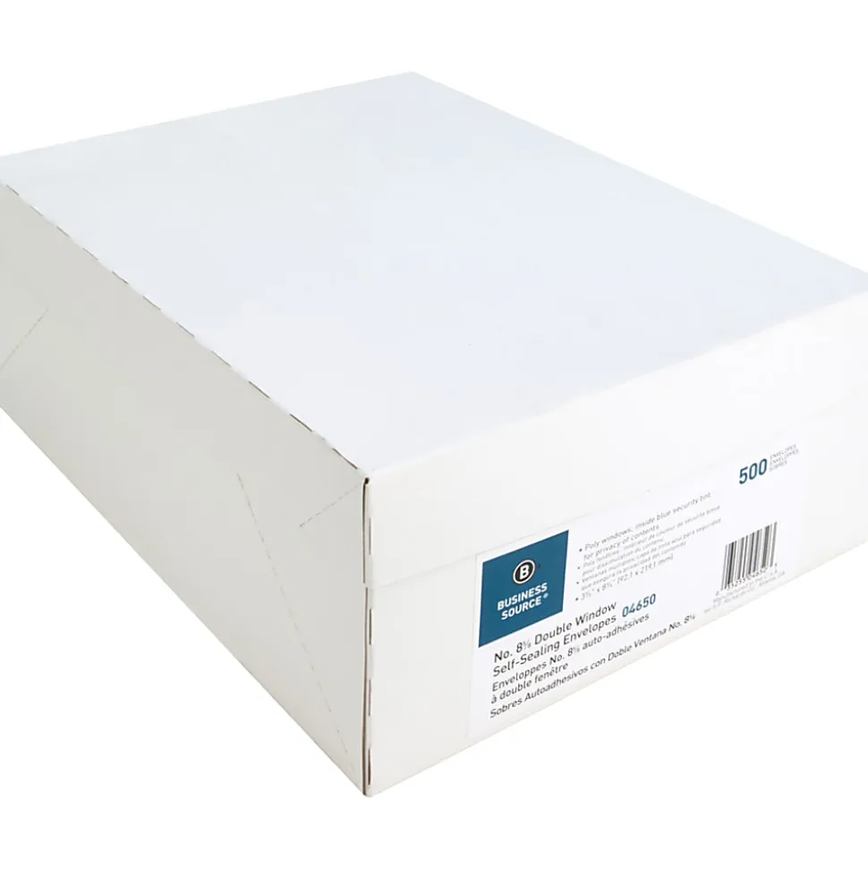 Business Source Double Window No. 8-5/8 Check Envelopes - Double Window - #8 5/8 - 8 5/8"x 3 5/8" - 24 lb - Self-sealing - White - 500 / Box - 04650