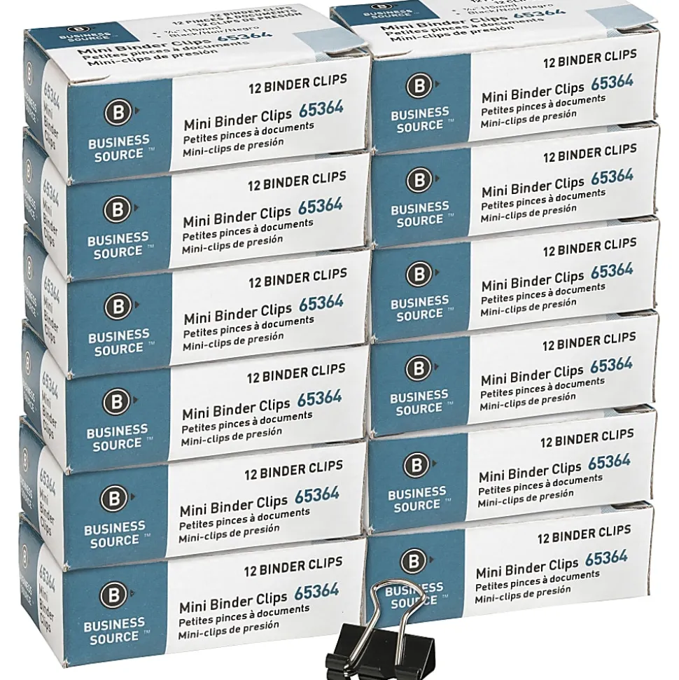 Business Source Fold-back Binder Clips - Mini - 0.6" Width - 0.25" Size Capacity - for Paper - Black - Tempered Steel - 1 Dozen/Pack - 12 / Box