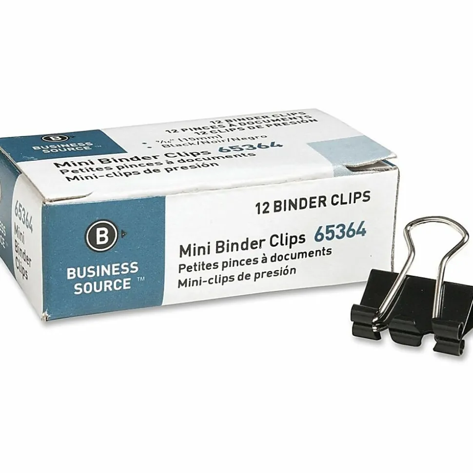 Business Source Fold-back Binder Clips - Mini - 0.6" Width - 0.25" Size Capacity - for Paper - Black - Tempered Steel - 1 Dozen/Pack - 12 / Box