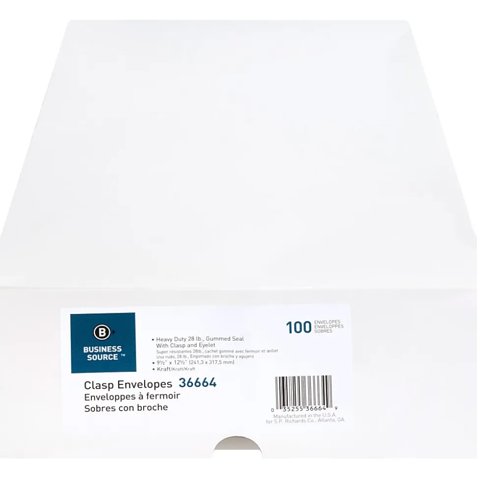 Business Source Heavy-duty Clasp Envelopes - Clasp - #93 - 9 1/2" Width x 12 1/2" Length - 28 lb - Clasp - Kraft - Kraft - 100 / Box