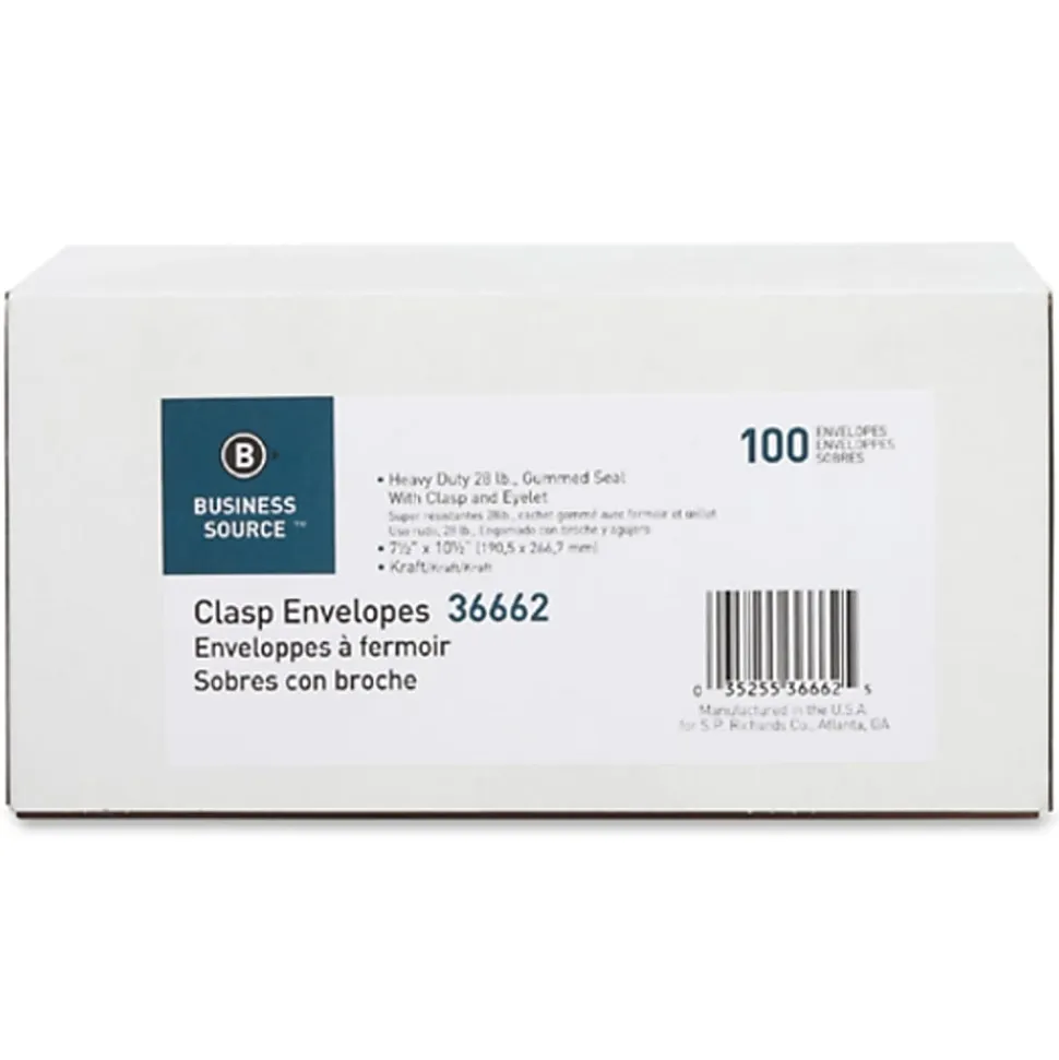 Business Source Heavy-duty Clasp Envelopes - Clasp - #75 - 7 1/2" Width x 10 1/2" Length - 28 lb - Clasp - Kraft - Kraft - 100 / Box