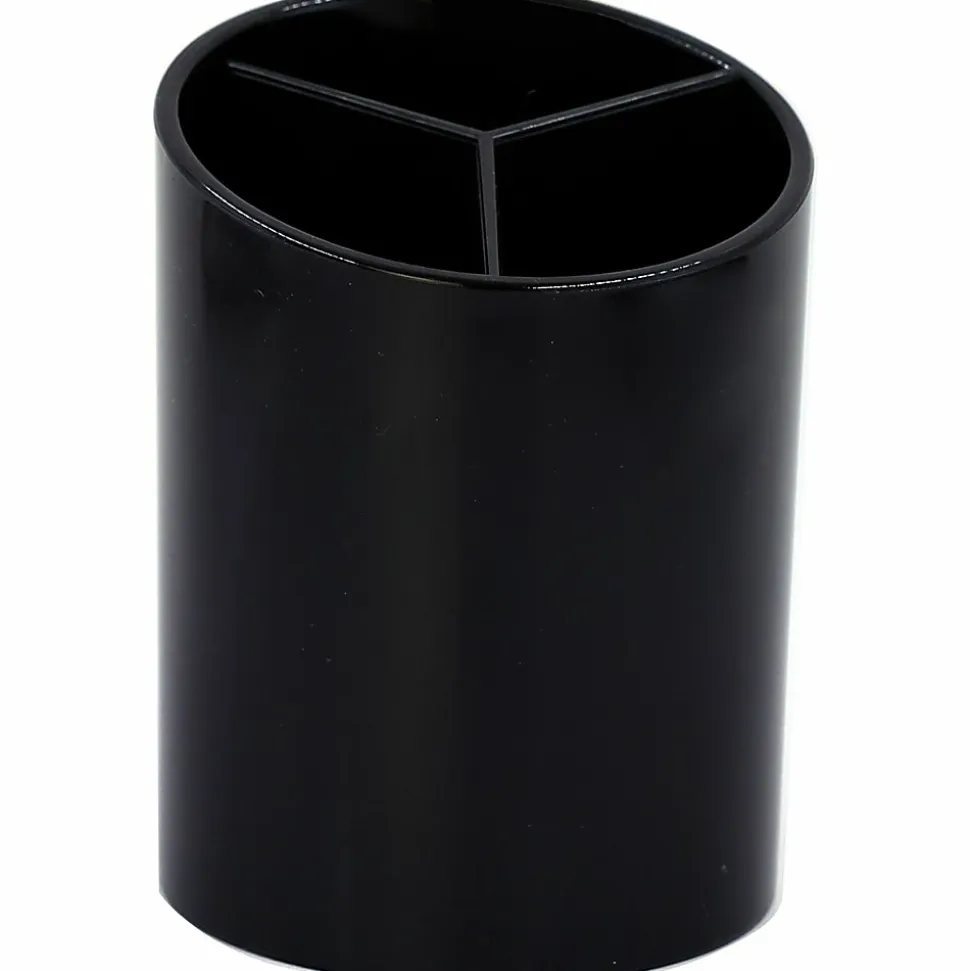 Business Source Large 3-Compartment Plastic Pencil Cup, 3"H x 3"W x 4.1"D, Plastic, Black