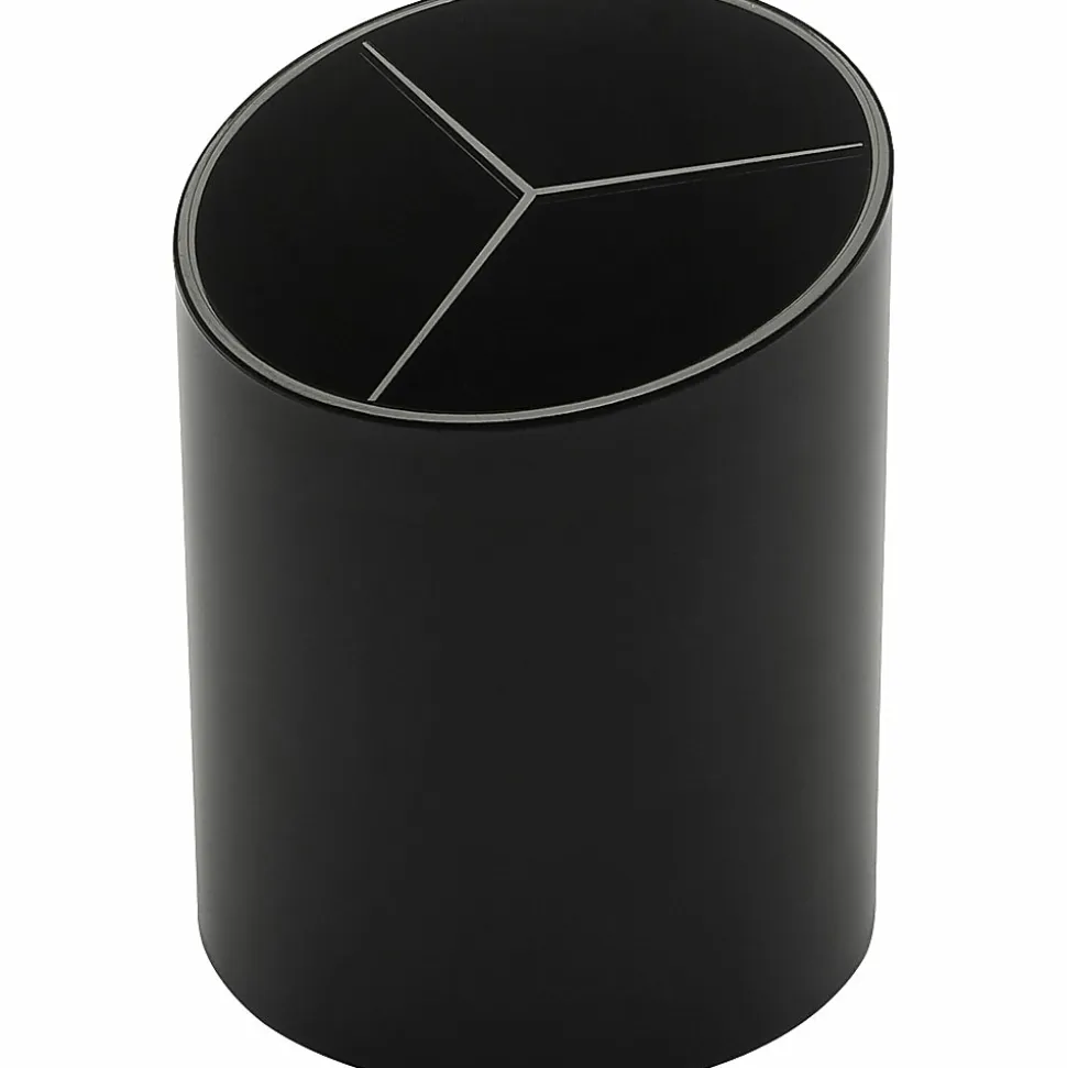 Business Source Large 3-Compartment Plastic Pencil Cup, 3"H x 3"W x 4.1"D, Plastic, Black