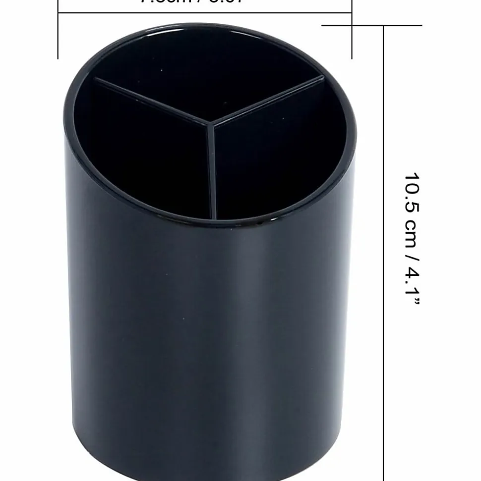 Business Source Large 3-Compartment Plastic Pencil Cup, 3"H x 3"W x 4.1"D, Plastic, Black