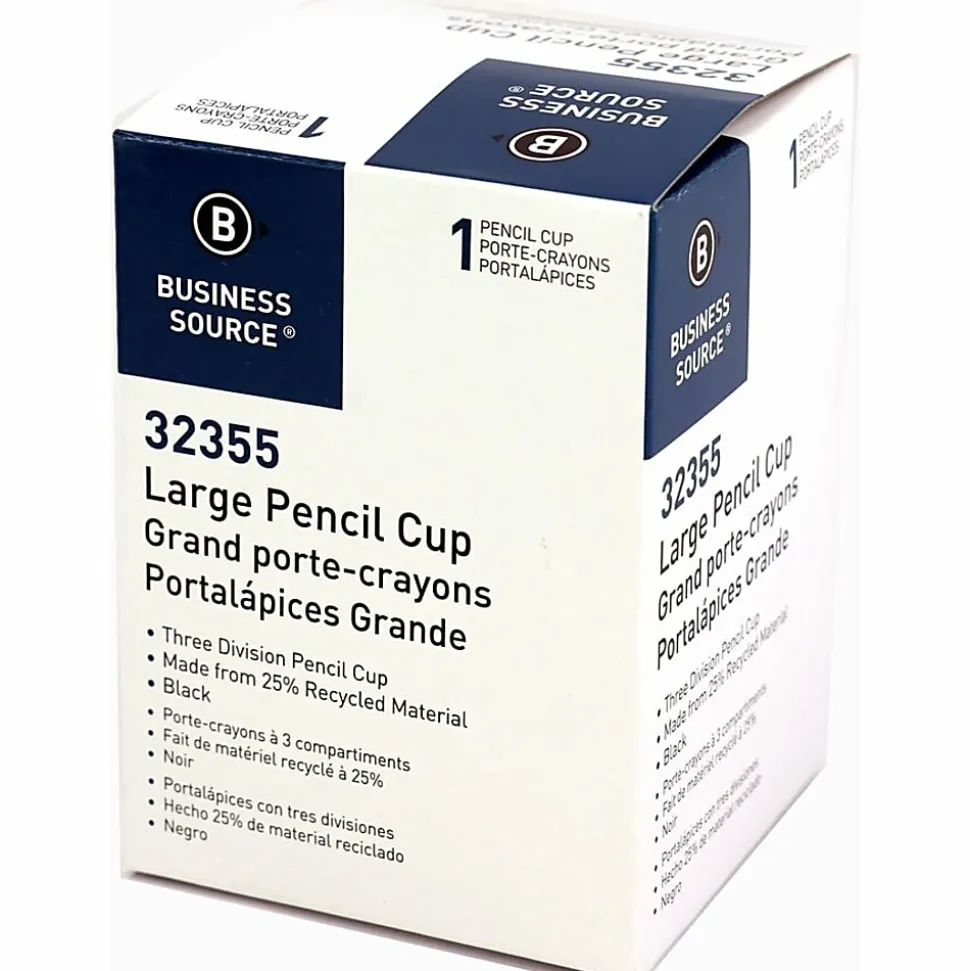 Business Source Large 3-Compartment Plastic Pencil Cup, 3"H x 3"W x 4.1"D, Plastic, Black