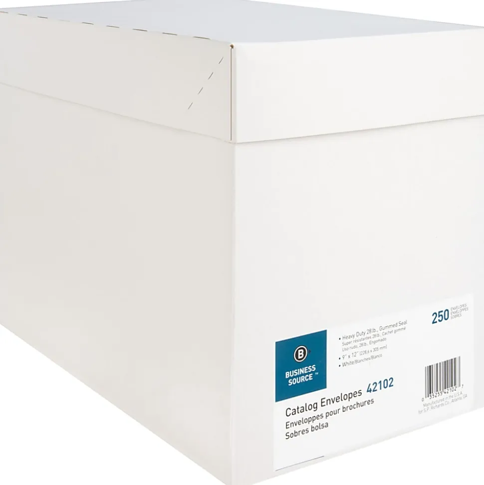 Business Source 28 lb. White Catalog Envelopes - Catalog - #10 1/2 - 9" Width x 12" Length - 28 lb - Gummed - White - Wove - 250 / Box