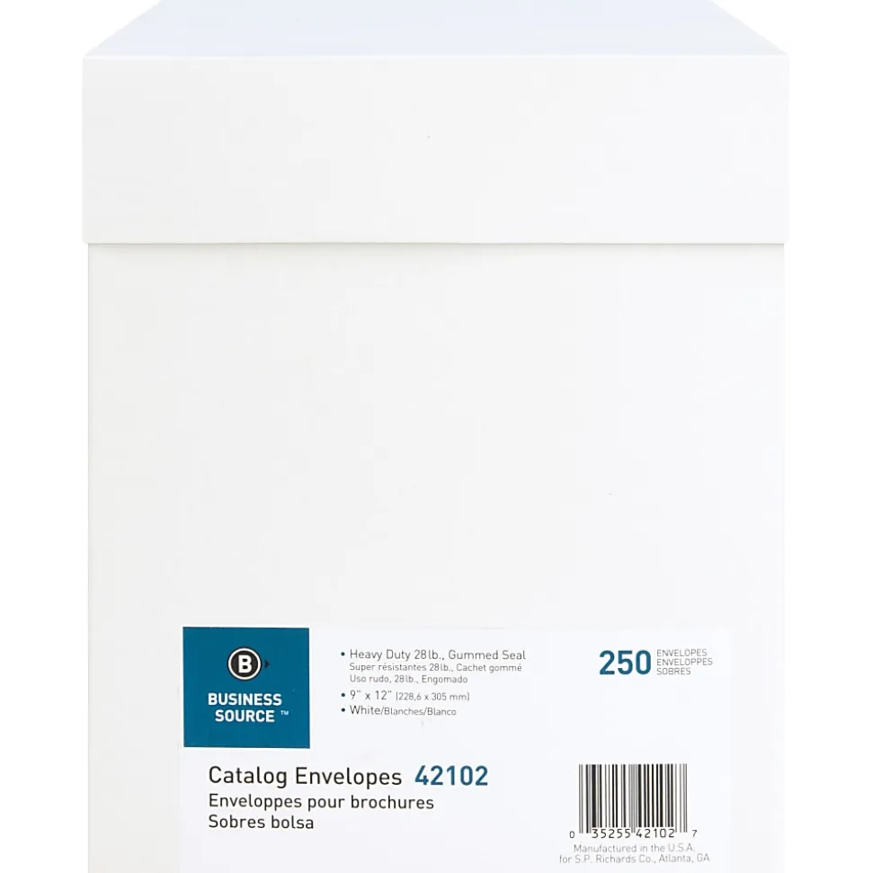 Business Source 28 lb. White Catalog Envelopes - Catalog - #10 1/2 - 9" Width x 12" Length - 28 lb - Gummed - White - Wove - 250 / Box
