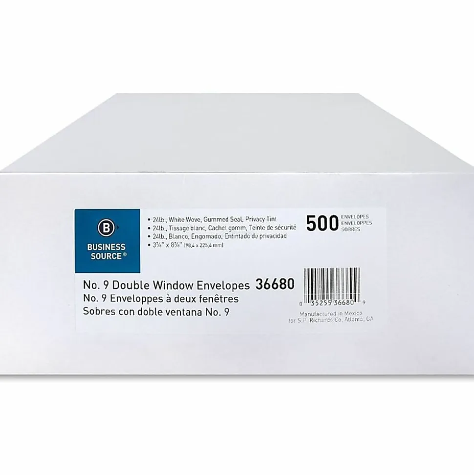 Business Source No. 9 Double Window Invoice Envelopes - Double Window - #9 - 8 7/8" Width x 3 7/8" Length - 24 lb - White - 500 / Box