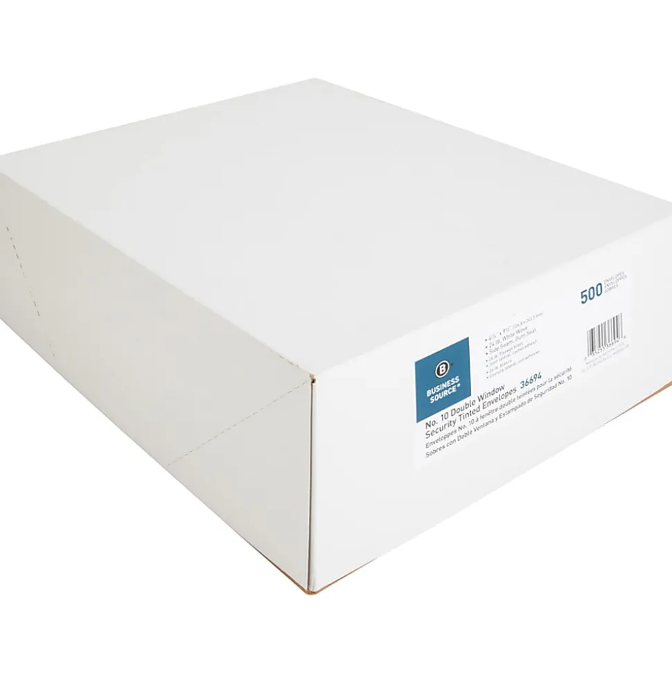 Business Source No. 10 Double-Window Invoice Envelopes - Double Window - #10 - 9 1/2"x 4 1/8" - 24 lb - Gummed - White - Wove - 500 / Box - 36694