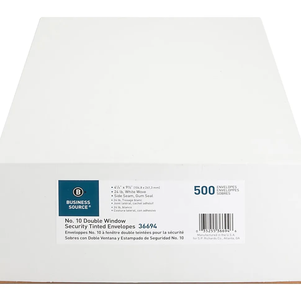 Business Source No. 10 Double-Window Invoice Envelopes - Double Window - #10 - 9 1/2"x 4 1/8" - 24 lb - Gummed - White - Wove - 500 / Box - 36694