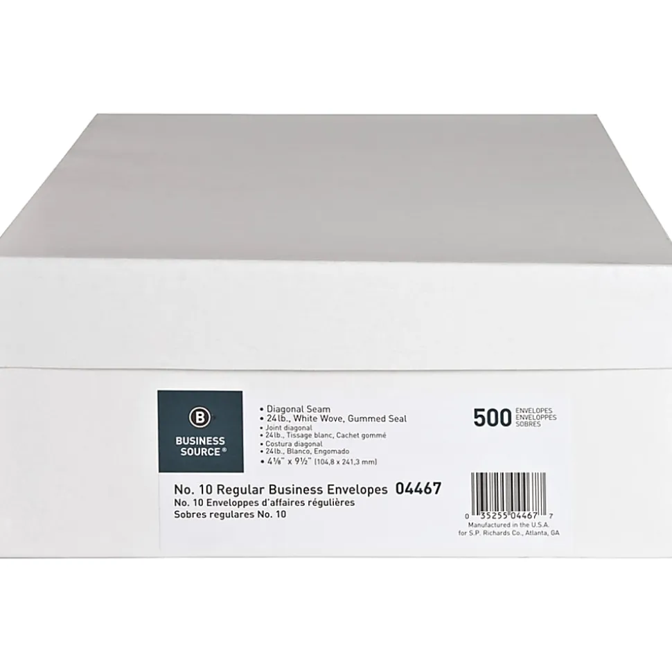 Business Source No. 10 White Wove V-Flap Business Envelopes - Business - #10 - 9 1/2"x 4 1/8" - 24 lb - Gummed - Wove - 500 / Box - White - 04467