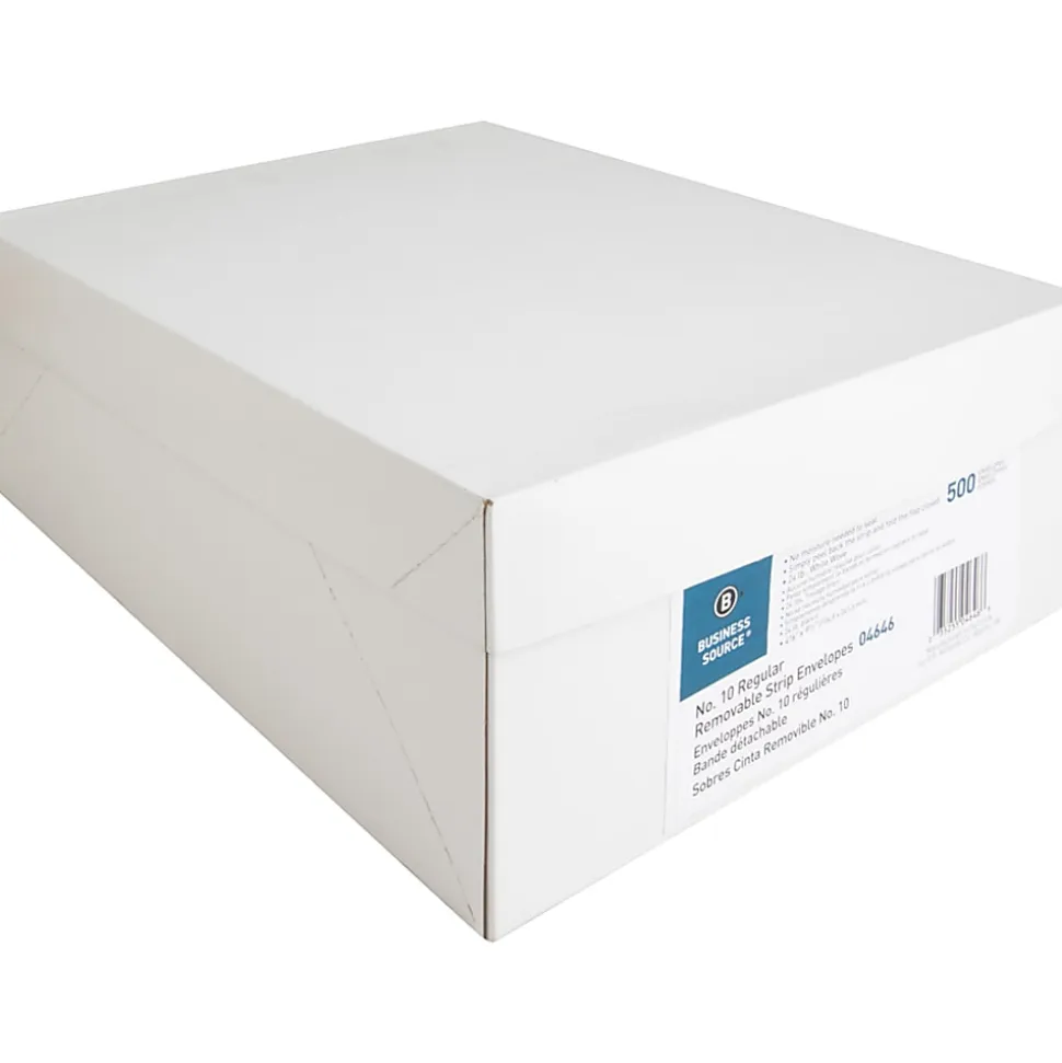 Business Source Plain Peel/Seal Business Envelopes - Business - #10 - 9 1/2" Width x 4 1/8" Length - 24 lb - Peel & Seal - White - Wove - 500 / Box