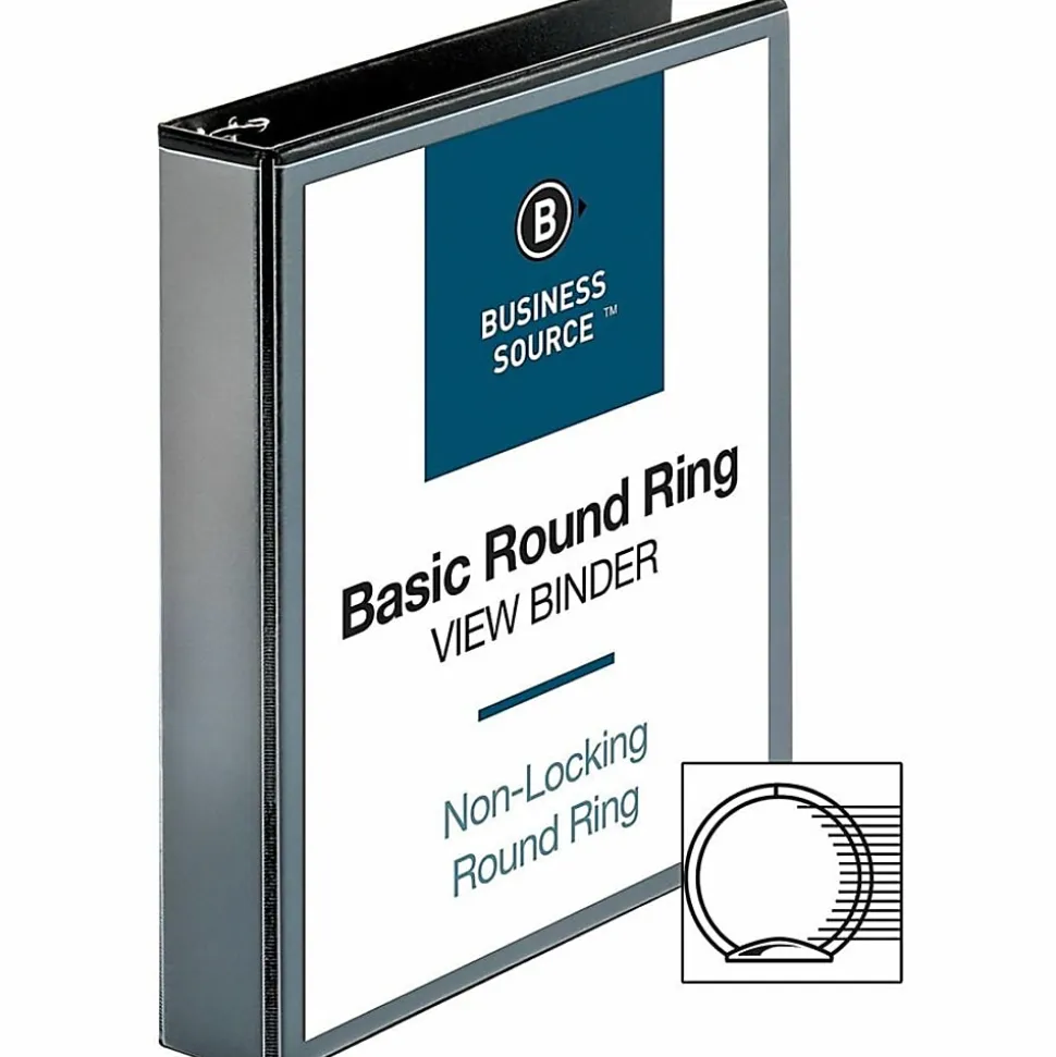 Business Source Round Ring View Binder, 1 1/2" Ring, 8 1/2" x 11", Black, Pack Of 4