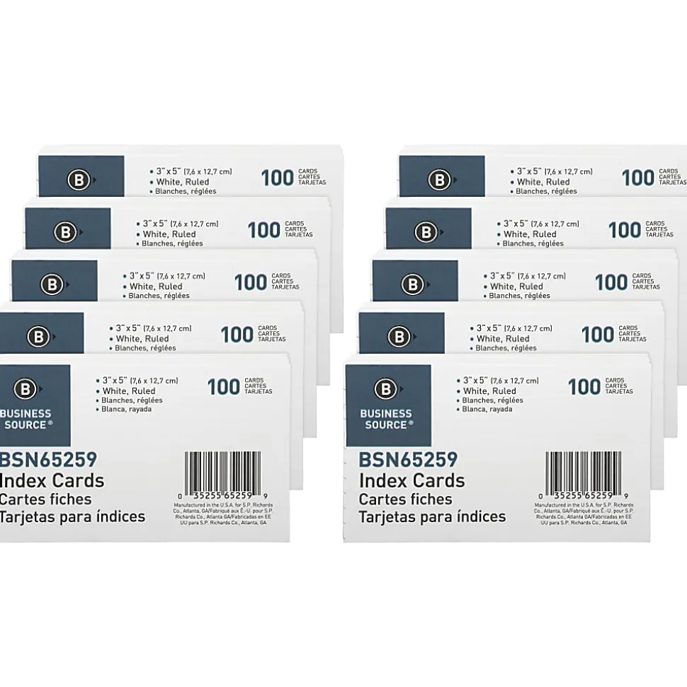Business Source Ruled White Index Cards - Front Ruling Surface - Ruled - 72 lb Basis Weight - 3" x 5" - White Paper - 1000 / Box