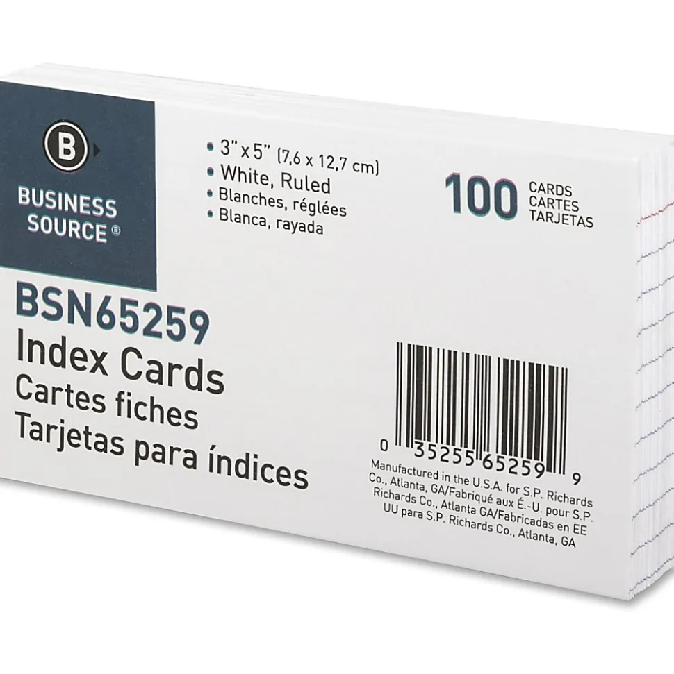 Business Source Ruled White Index Cards - Front Ruling Surface - Ruled - 72 lb Basis Weight - 3" x 5" - White Paper - 1000 / Box
