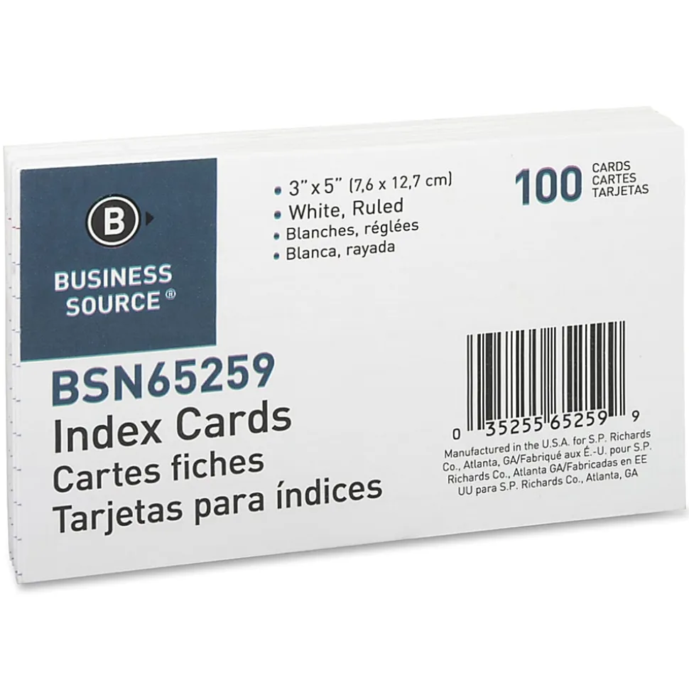 Business Source Ruled White Index Cards - Front Ruling Surface - Ruled - 72 lb Basis Weight - 3" x 5" - White Paper - 1000 / Box