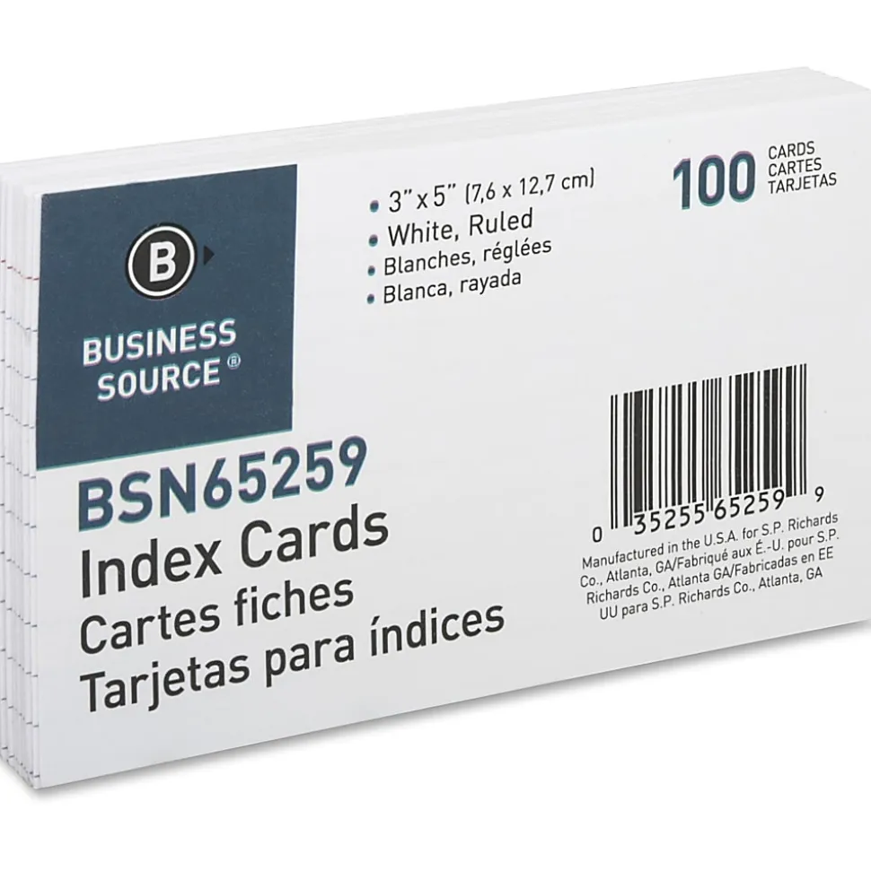 Business Source Ruled White Index Cards - Front Ruling Surface - Ruled - 72 lb Basis Weight - 3" x 5" - White Paper - 1000 / Box