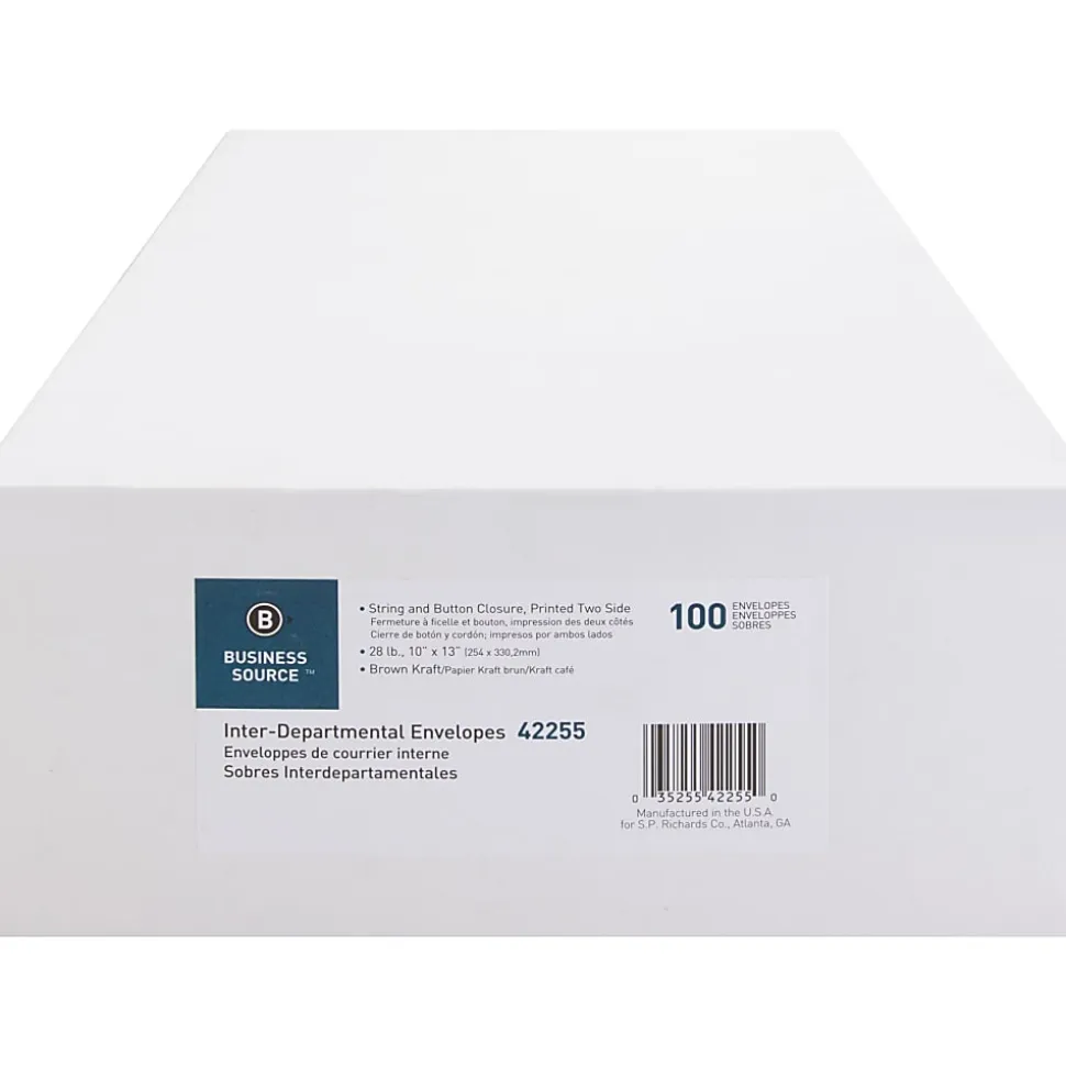 Business Source 2-sided Inter-Department Envelopes, 10" x 13", 28 Lb, Button & String, Kraft, Box Of 100