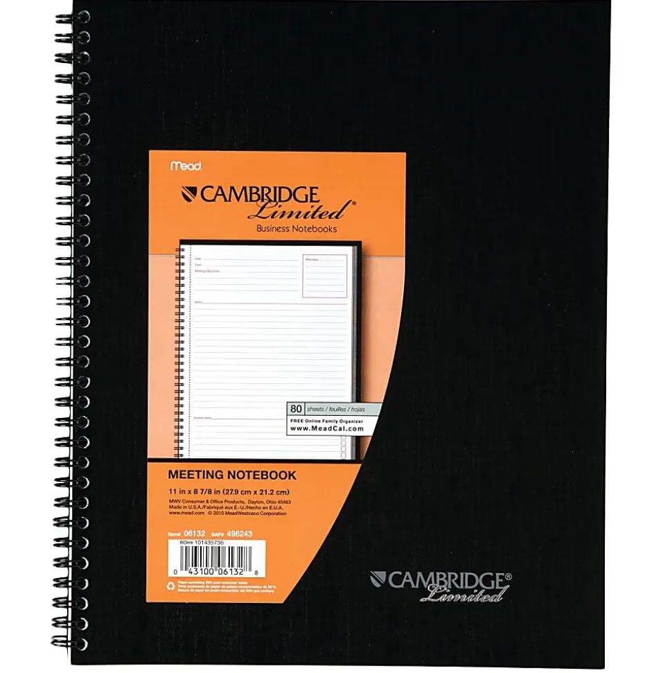 Cambridge® Limited® 30% Recycled Business Notebook, 8 1/2" x 11", 1 Subject, Legal Ruled, 80 Sheets, Black (06132)