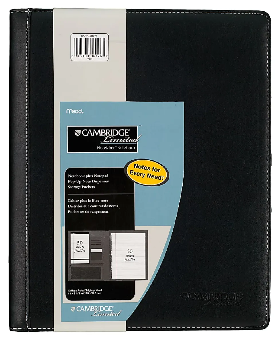Cambridge® Notetaker Refillable Notebook, 8 1/2" x 11", College Ruled, 80 Sheets Total, Black