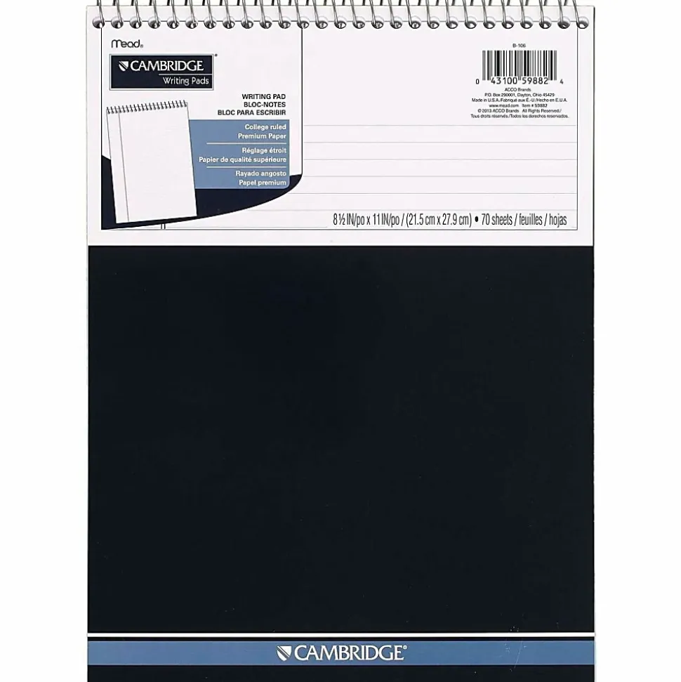 Cambridge® Stiff-Back Wire-Bound Notepad, Letter Size, College Rule, Navy