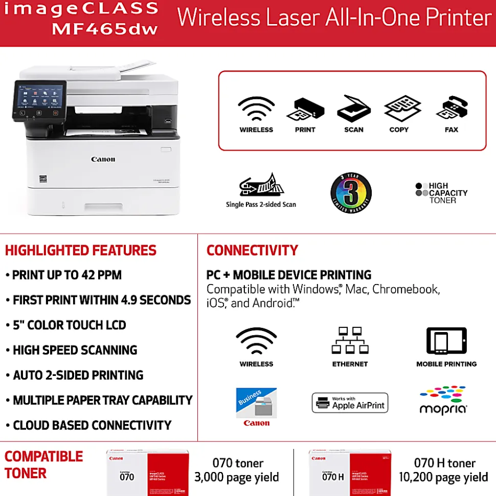 Canon imageCLASS MF465dw Wireless Mobile-Ready Duplex Laser All-In-One Monochrome Printer