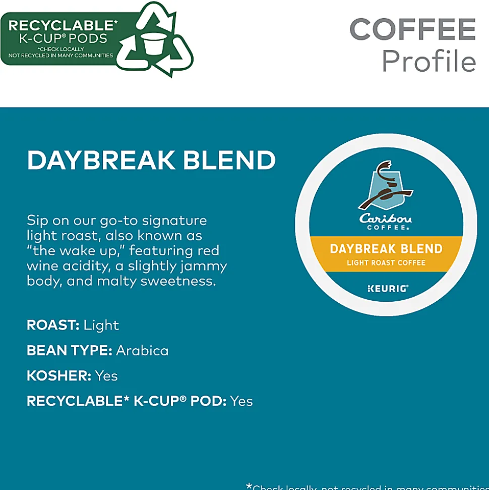 Caribou Coffee Daybreak Blend Keurig Single-Serve K-Cup Pods, Light Roast, 24 Pods Per Pack, Case Of 4 Packs