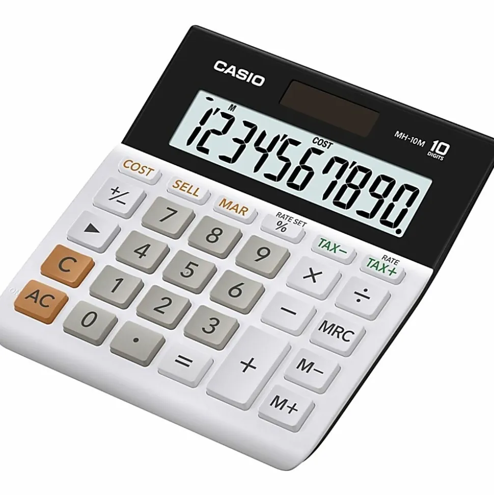 CASIO® MH-10M Wide-Display Portable Desktop Calculator, 10 Digit, Solar Power, White, 1