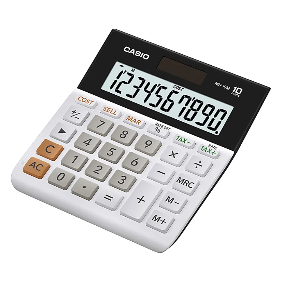CASIO® MH-10M Wide-Display Portable Desktop Calculator, 10 Digit, Solar Power, White, 1