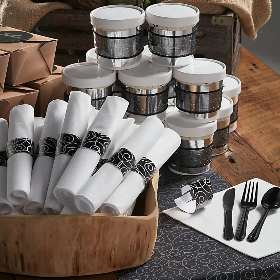 CaterWrap Pre-Rolled Cutlery, Silver Swirl Linen-Like Napkin, Black/White, Case Of 100 Rolls